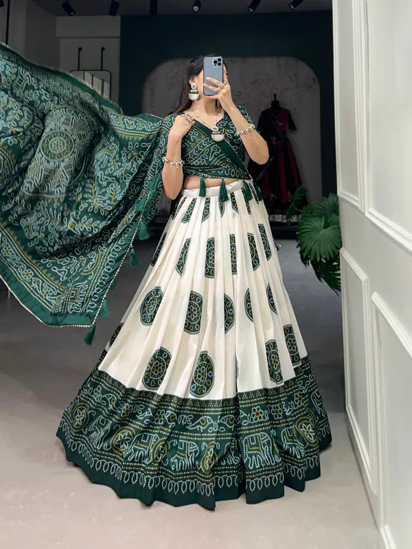 Green_Artistry_in_Silk:_Tussar_Lehenga_Choli_with_Bandhej_Print_For_Women