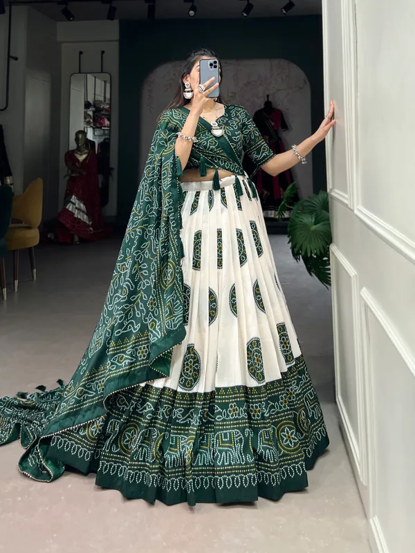 Green_Artistry_in_Silk:_Tussar_Lehenga_Choli_with_Bandhej_Print_For_Women