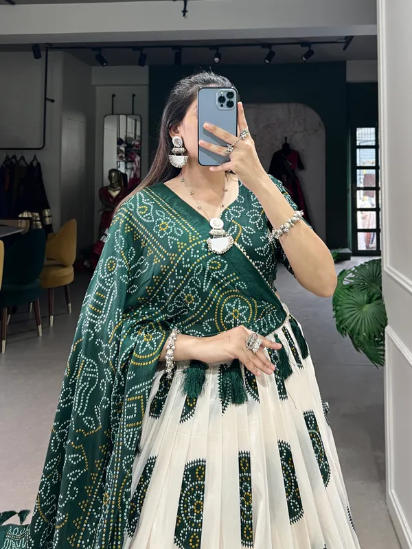 Green_Artistry_in_Silk:_Tussar_Lehenga_Choli_with_Bandhej_Print_For_Women