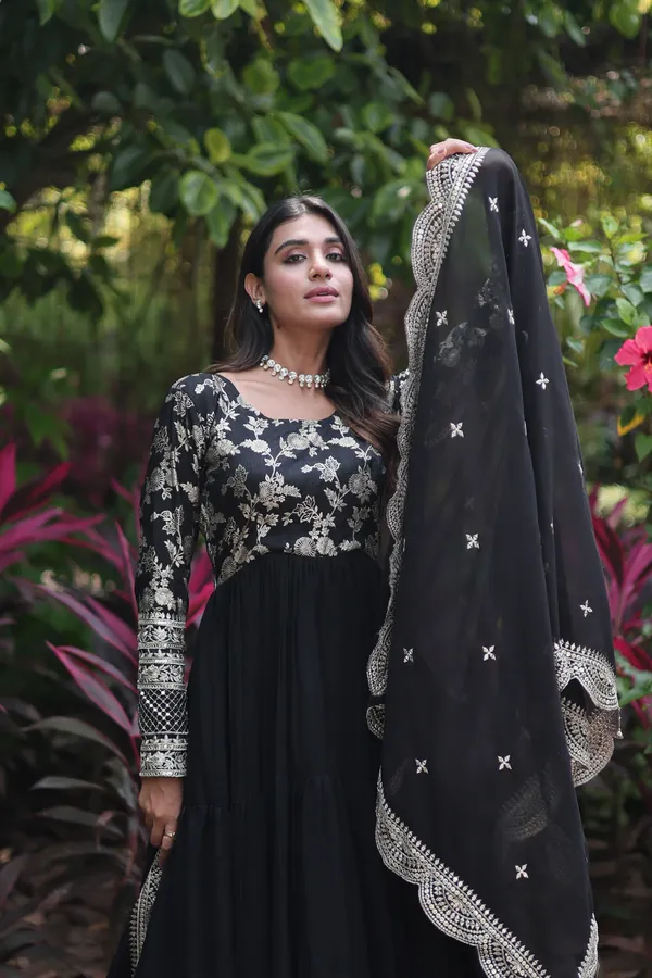 Black_Faux_Blooming_Gown_With_Viscose_Dyable_Jacquard_With_Sequins_Embroidered_Work_Faux_Blooming_Dupatta_For_Women