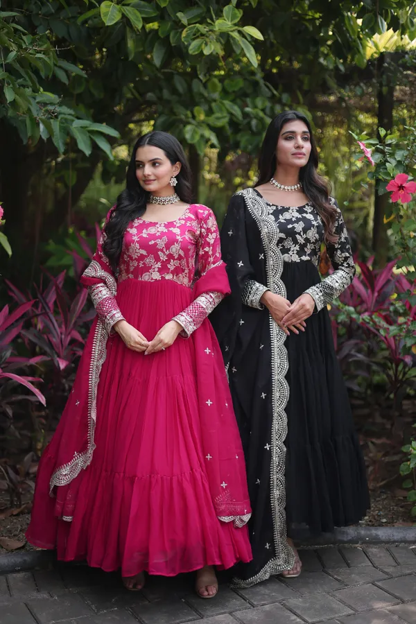Black_Faux_Blooming_Gown_With_Viscose_Dyable_Jacquard_With_Sequins_Embroidered_Work_Faux_Blooming_Dupatta_For_Women