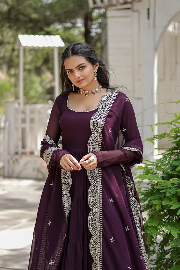 Wine_Desirable_Fully_Flaired_Gown_Georgette_And_Designer_Embroidered_Dupatta_Set__Push_Premium_For_Women