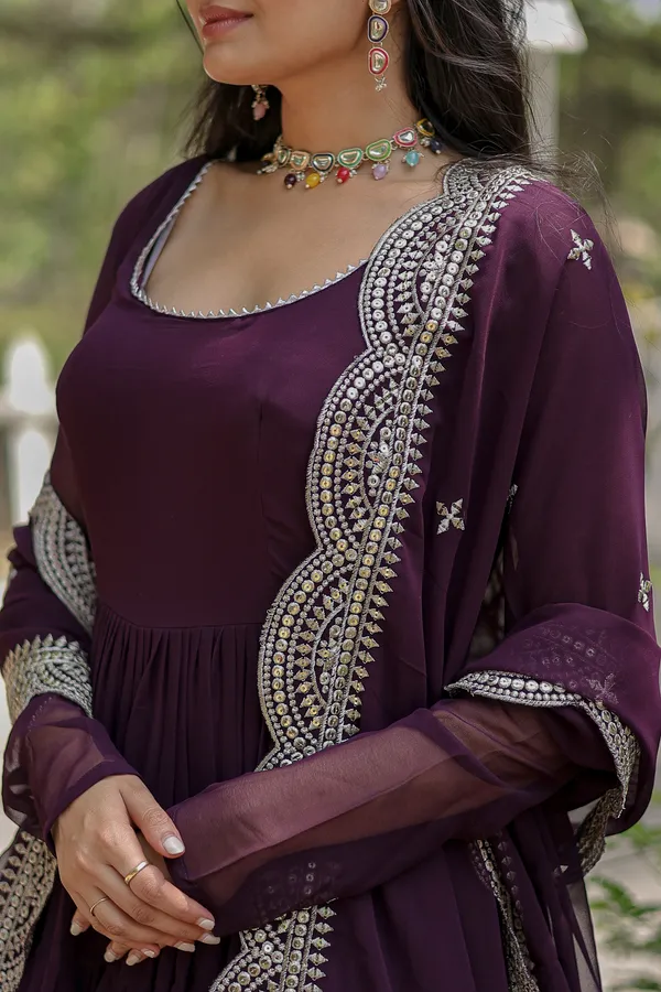 Wine_Desirable_Fully_Flaired_Gown_Georgette_And_Designer_Embroidered_Dupatta_Set__Push_Premium_For_Women