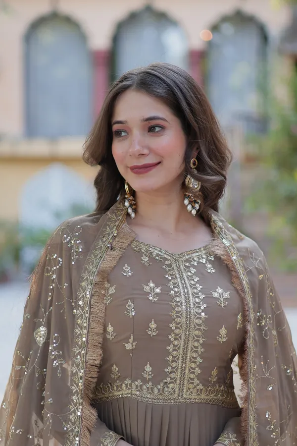 Beige_Embroidery_Faux_Design_Anarkali_Kurta_With_Dupatta_Set_Georgette_Fabric_Push_premium_For_Women
