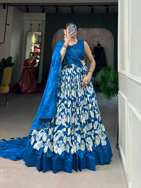 Royal_Blue_Tussar_Silk_Printed_Lehenga_Choli__For_Women
