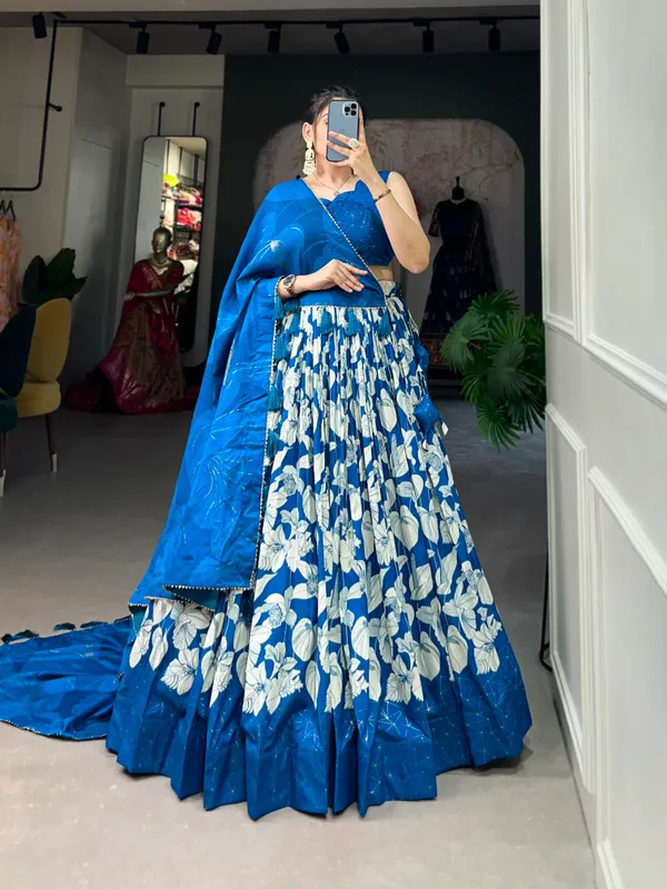 Royal_Blue_Tussar_Silk_Printed_Lehenga_Choli__For_Women