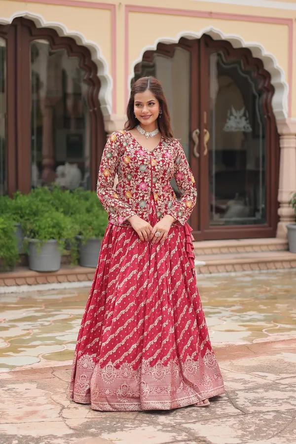 Marron_Viscose_Jequard_Embroidered_Work_Blouse_Viscose_Lehenga__For_Women