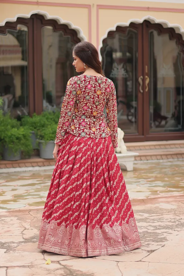Marron_Viscose_Jequard_Embroidered_Work_Blouse_Viscose_Lehenga__For_Women