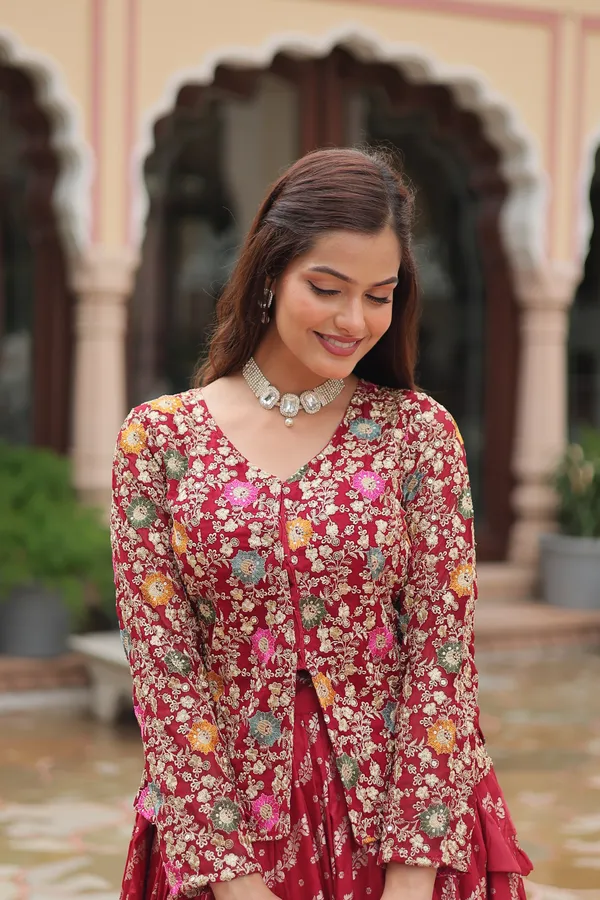 Marron_Viscose_Jequard_Embroidered_Work_Blouse_Viscose_Lehenga__For_Women