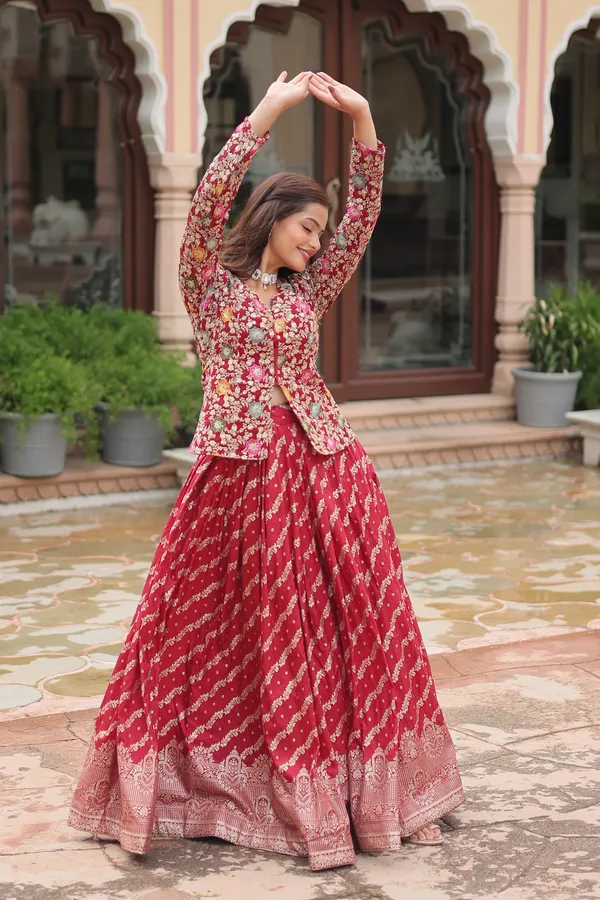 Marron_Viscose_Jequard_Embroidered_Work_Blouse_Viscose_Lehenga__For_Women
