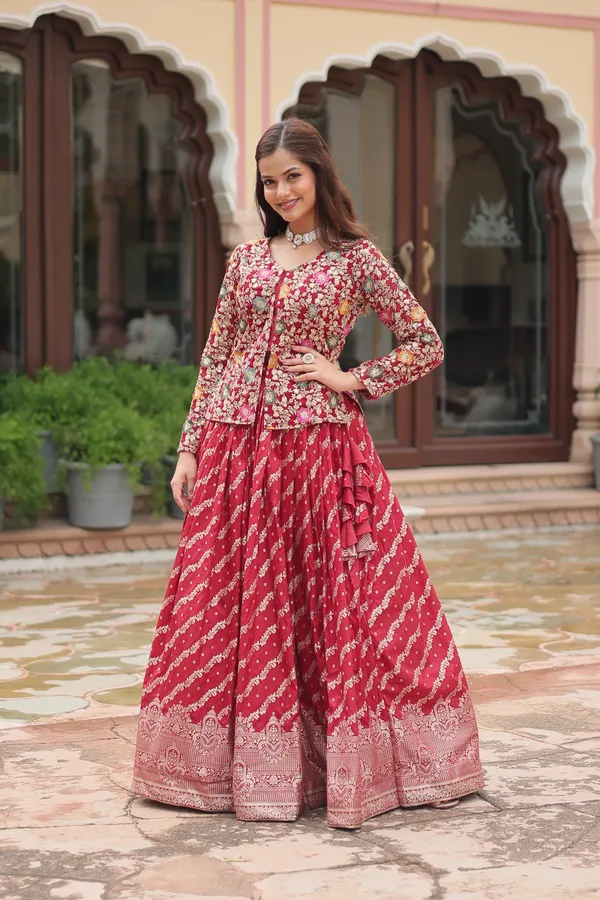 Marron_Viscose_Jequard_Embroidered_Work_Blouse_Viscose_Lehenga__For_Women