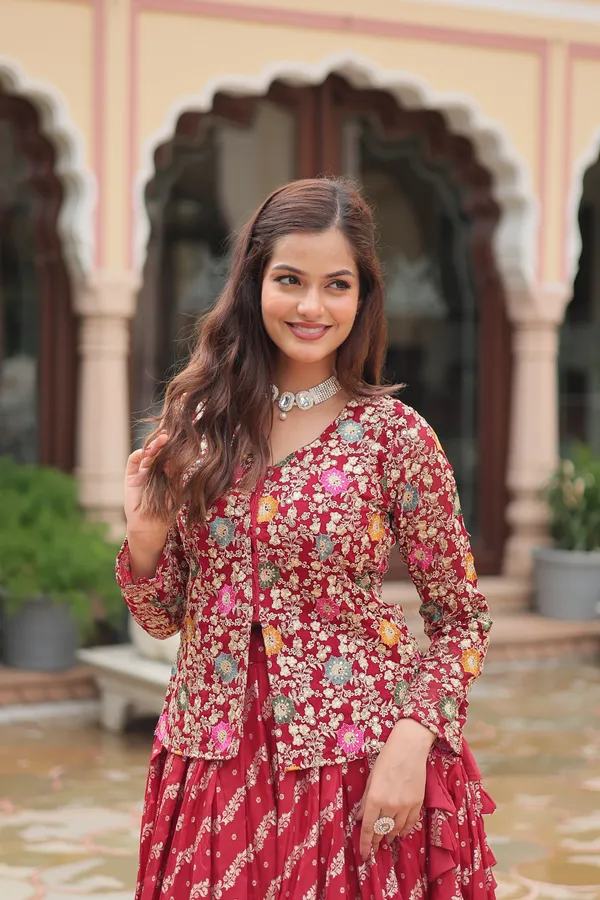 Marron_Viscose_Jequard_Embroidered_Work_Blouse_Viscose_Lehenga__For_Women