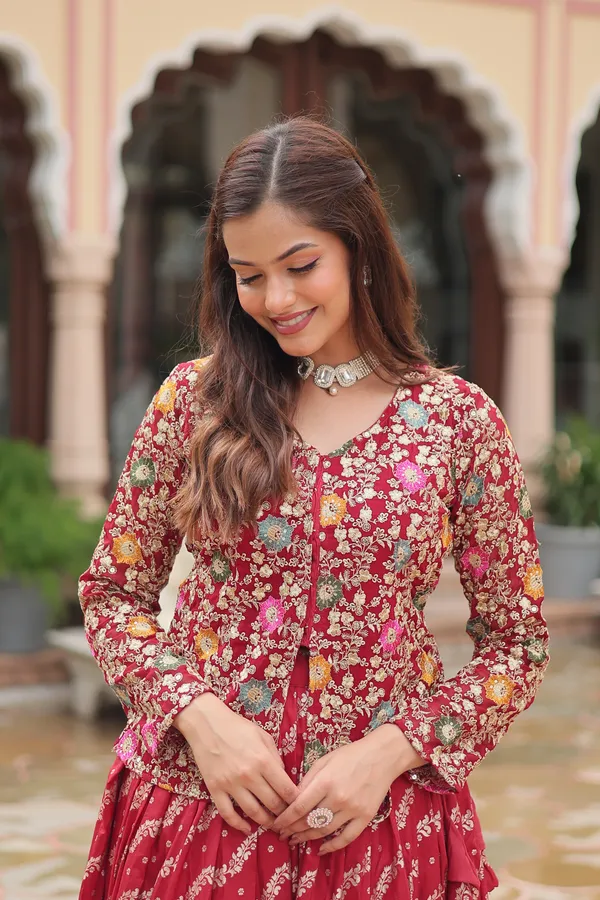 Marron_Viscose_Jequard_Embroidered_Work_Blouse_Viscose_Lehenga__For_Women