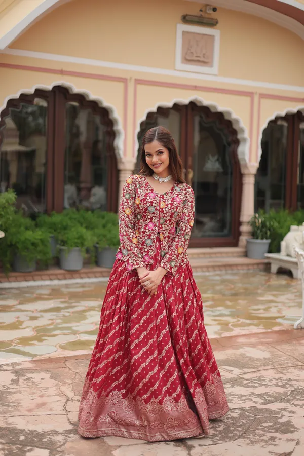 Marron_Viscose_Jequard_Embroidered_Work_Blouse_Viscose_Lehenga__For_Women
