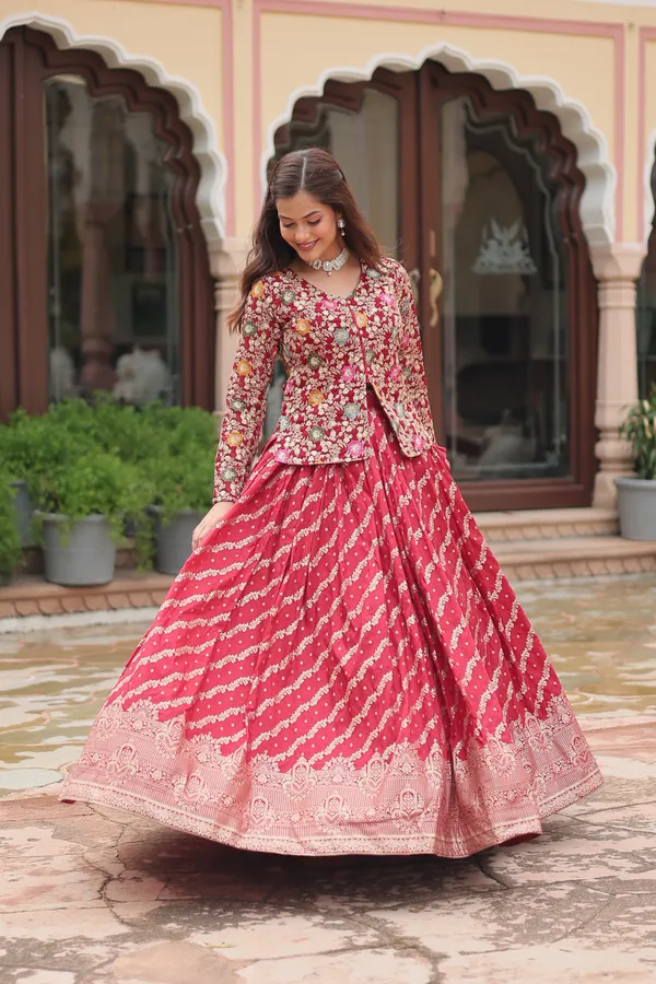 Marron_Viscose_Jequard_Embroidered_Work_Blouse_Viscose_Lehenga__For_Women
