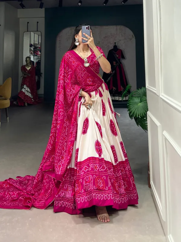 Pink_Silk_Tussar_Lehenga_Choli_with_Bandhej_Print_For_Women