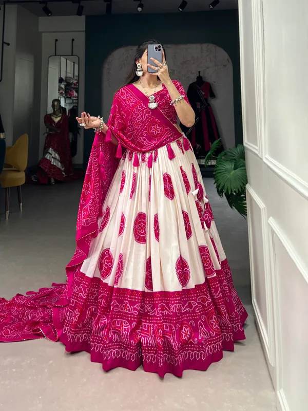 Pink_Silk_Tussar_Lehenga_Choli_with_Bandhej_Print_For_Women