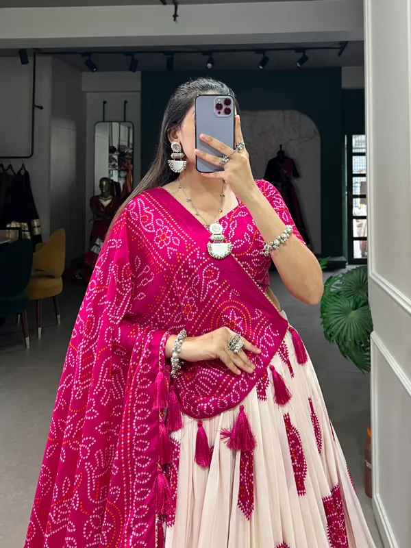 Pink_Silk_Tussar_Lehenga_Choli_with_Bandhej_Print_For_Women