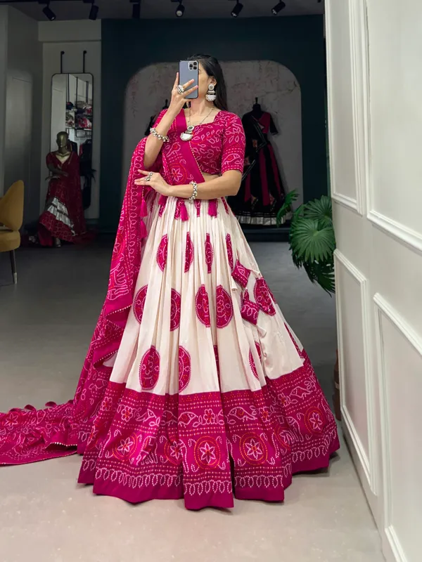Pink_Silk_Tussar_Lehenga_Choli_with_Bandhej_Print_For_Women