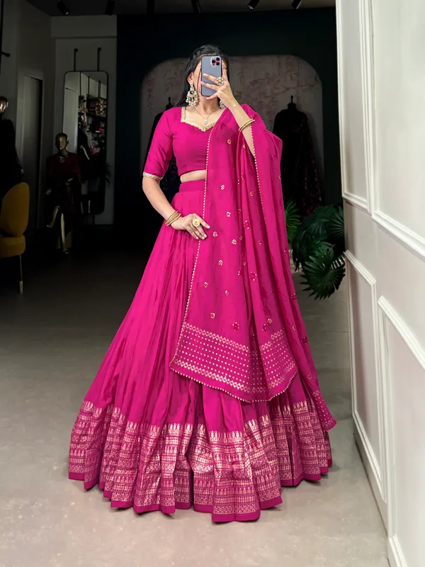 Crafted_for_Grace_and_Beauty:_Pure_Chanderi_Plain_Lehenga_with_Intricate_Zari_Work_Border,_Accompanied_by_Sequin_Embellished_Dupatta_??