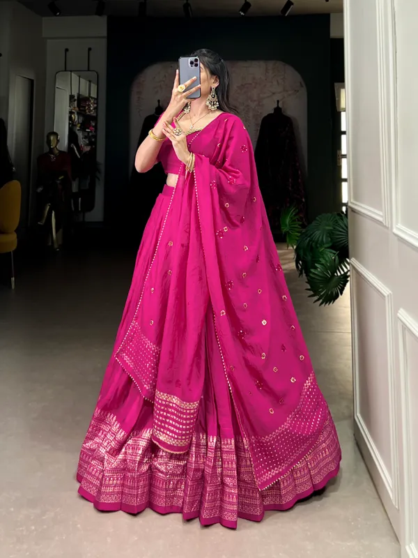 Crafted_for_Grace_and_Beauty:_Pure_Chanderi_Plain_Lehenga_with_Intricate_Zari_Work_Border,_Accompanied_by_Sequin_Embellished_Dupatta_??