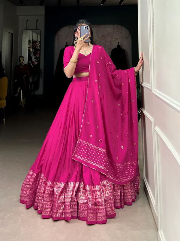 Crafted_for_Grace_and_Beauty:_Pure_Chanderi_Plain_Lehenga_with_Intricate_Zari_Work_Border,_Accompanied_by_Sequin_Embellished_Dupatta_??