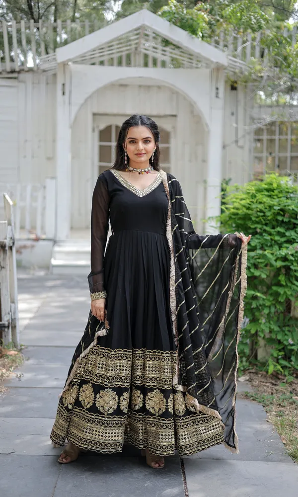 Black_Faux_Blooming_Gown_With_Dupatta_With_Attractive_Embroidered_Sequins_Work_With_Lace_Border_For_Women