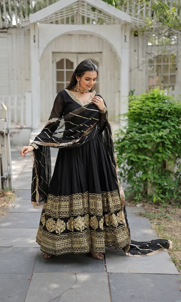 Black_Faux_Blooming_Gown_With_Dupatta_With_Attractive_Embroidered_Sequins_Work_With_Lace_Border_For_Women