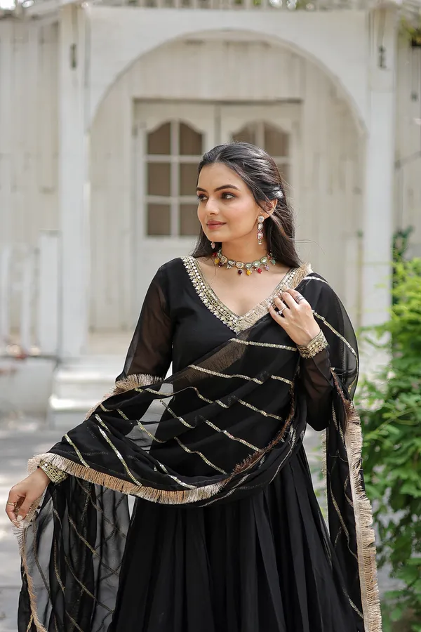 Black_Faux_Blooming_Gown_With_Dupatta_With_Attractive_Embroidered_Sequins_Work_With_Lace_Border_For_Women