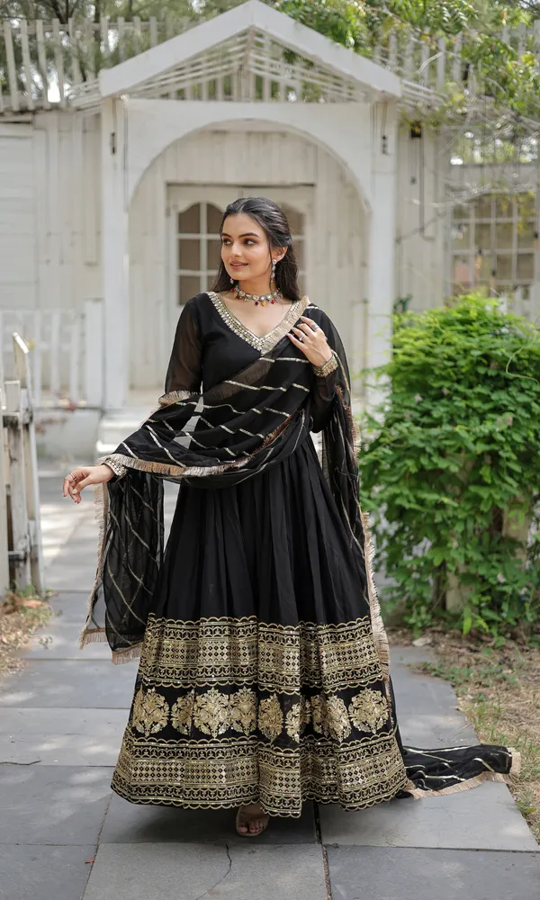 Black_Faux_Blooming_Gown_With_Dupatta_With_Attractive_Embroidered_Sequins_Work_With_Lace_Border_For_Women