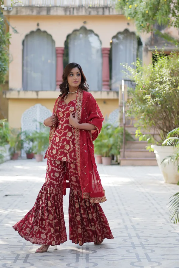 Regal_Maroon_Viscose_Georgette_Jacquard_Sharara_Suit_with__Embroidery_For_Women