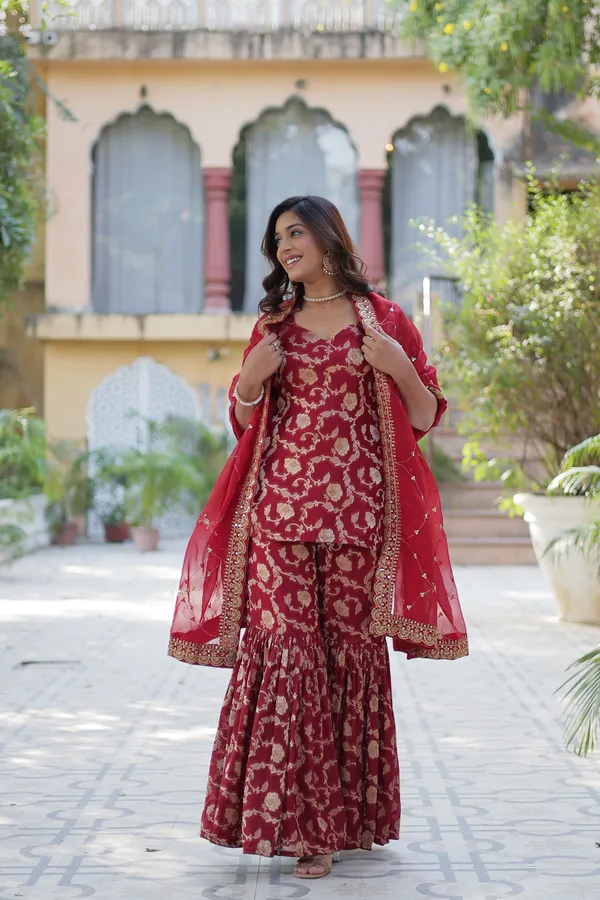 Regal_Maroon_Viscose_Georgette_Jacquard_Sharara_Suit_with__Embroidery_For_Women