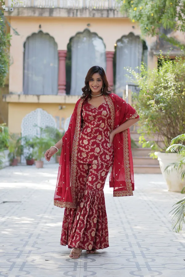 Regal_Maroon_Viscose_Georgette_Jacquard_Sharara_Suit_with__Embroidery_For_Women