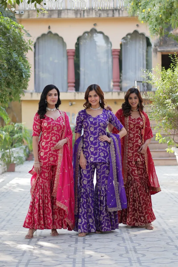 Regal_Maroon_Viscose_Georgette_Jacquard_Sharara_Suit_with__Embroidery_For_Women