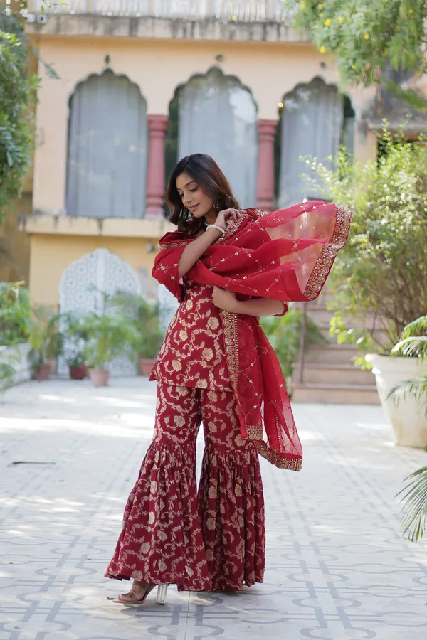 Regal_Maroon_Viscose_Georgette_Jacquard_Sharara_Suit_with__Embroidery_For_Women