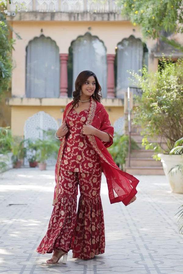 Regal_Maroon_Viscose_Georgette_Jacquard_Sharara_Suit_with__Embroidery_For_Women