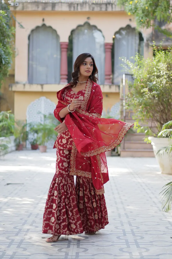 Regal_Maroon_Viscose_Georgette_Jacquard_Sharara_Suit_with__Embroidery_For_Women