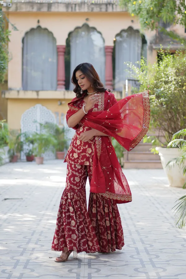 Regal_Maroon_Viscose_Georgette_Jacquard_Sharara_Suit_with__Embroidery_For_Women