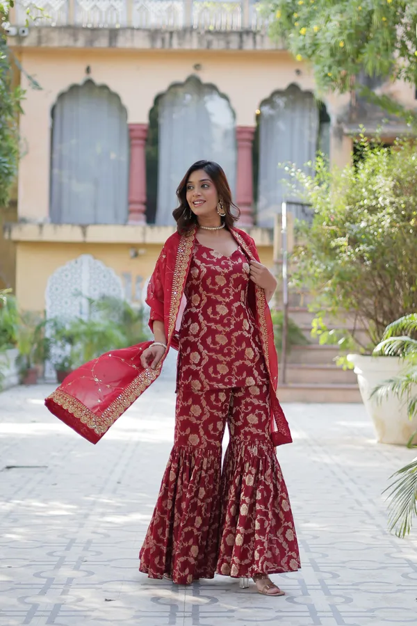 Regal_Maroon_Viscose_Georgette_Jacquard_Sharara_Suit_with__Embroidery_For_Women
