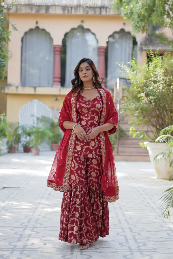 Regal_Maroon_Viscose_Georgette_Jacquard_Sharara_Suit_with__Embroidery_For_Women