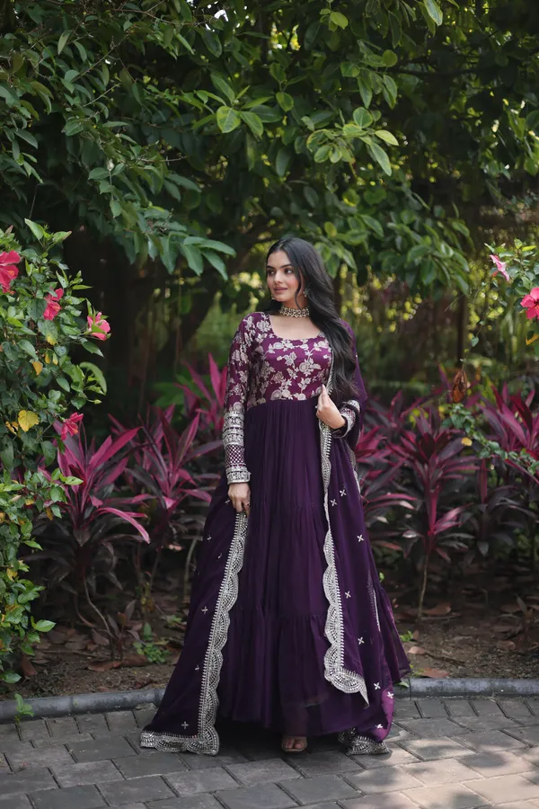 Wine_Faux_Blooming_Gown_With_Viscose_Dyable_Jacquard_With_Sequins_Embroidered_Work_Faux_Blooming_Dupatta_For_Women