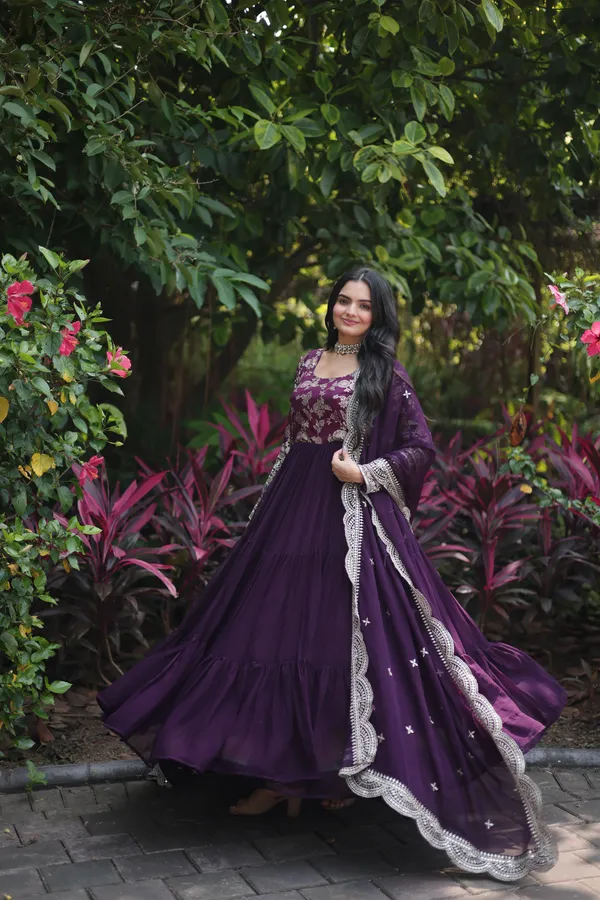 Wine_Faux_Blooming_Gown_With_Viscose_Dyable_Jacquard_With_Sequins_Embroidered_Work_Faux_Blooming_Dupatta_For_Women