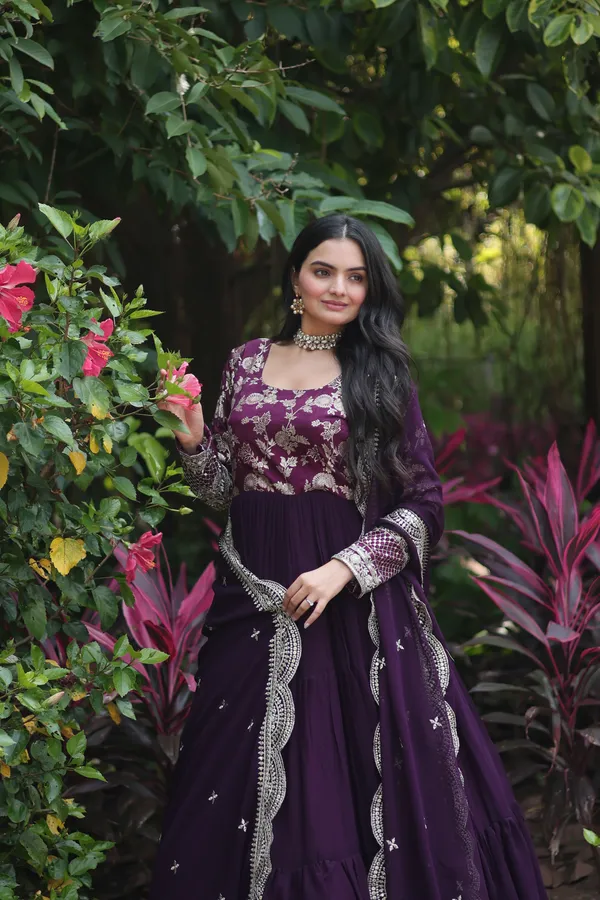 Wine_Faux_Blooming_Gown_With_Viscose_Dyable_Jacquard_With_Sequins_Embroidered_Work_Faux_Blooming_Dupatta_For_Women