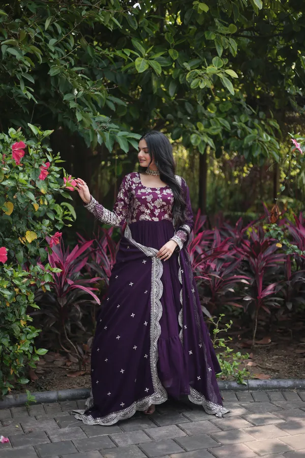 Wine_Faux_Blooming_Gown_With_Viscose_Dyable_Jacquard_With_Sequins_Embroidered_Work_Faux_Blooming_Dupatta_For_Women