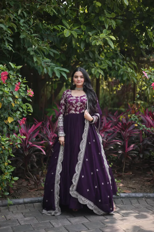 Wine_Faux_Blooming_Gown_With_Viscose_Dyable_Jacquard_With_Sequins_Embroidered_Work_Faux_Blooming_Dupatta_For_Women