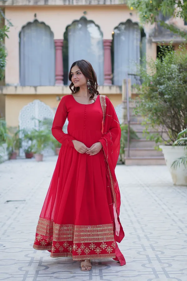 Red_Embroidery_Faux_Design_Gown_With_Dupatta_Set_Push_Premium_For_Women