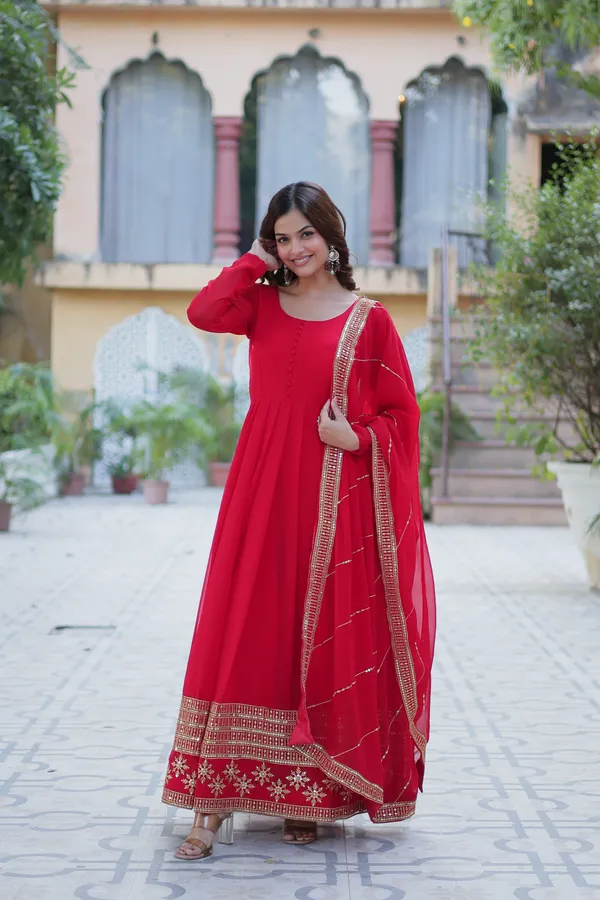 Red_Embroidery_Faux_Design_Gown_With_Dupatta_Set_Push_Premium_For_Women