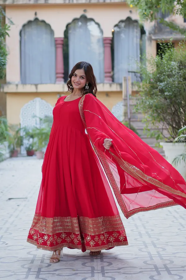 Red_Embroidery_Faux_Design_Gown_With_Dupatta_Set_Push_Premium_For_Women