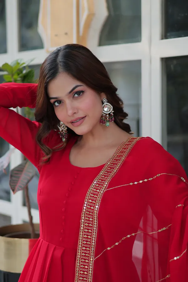 Red_Embroidery_Faux_Design_Gown_With_Dupatta_Set_Push_Premium_For_Women
