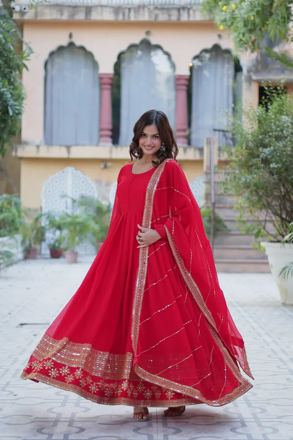 Red_Embroidery_Faux_Design_Gown_With_Dupatta_Set_Push_Premium_For_Women